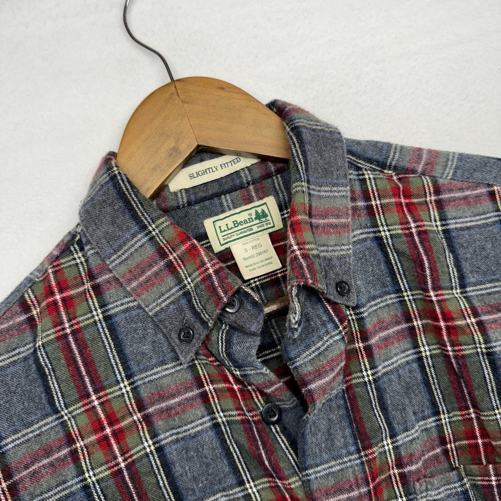 L.L. Bean Flannel Shirt Men's Small Gray Green Plaid Check Outdoor Hiking Cotton